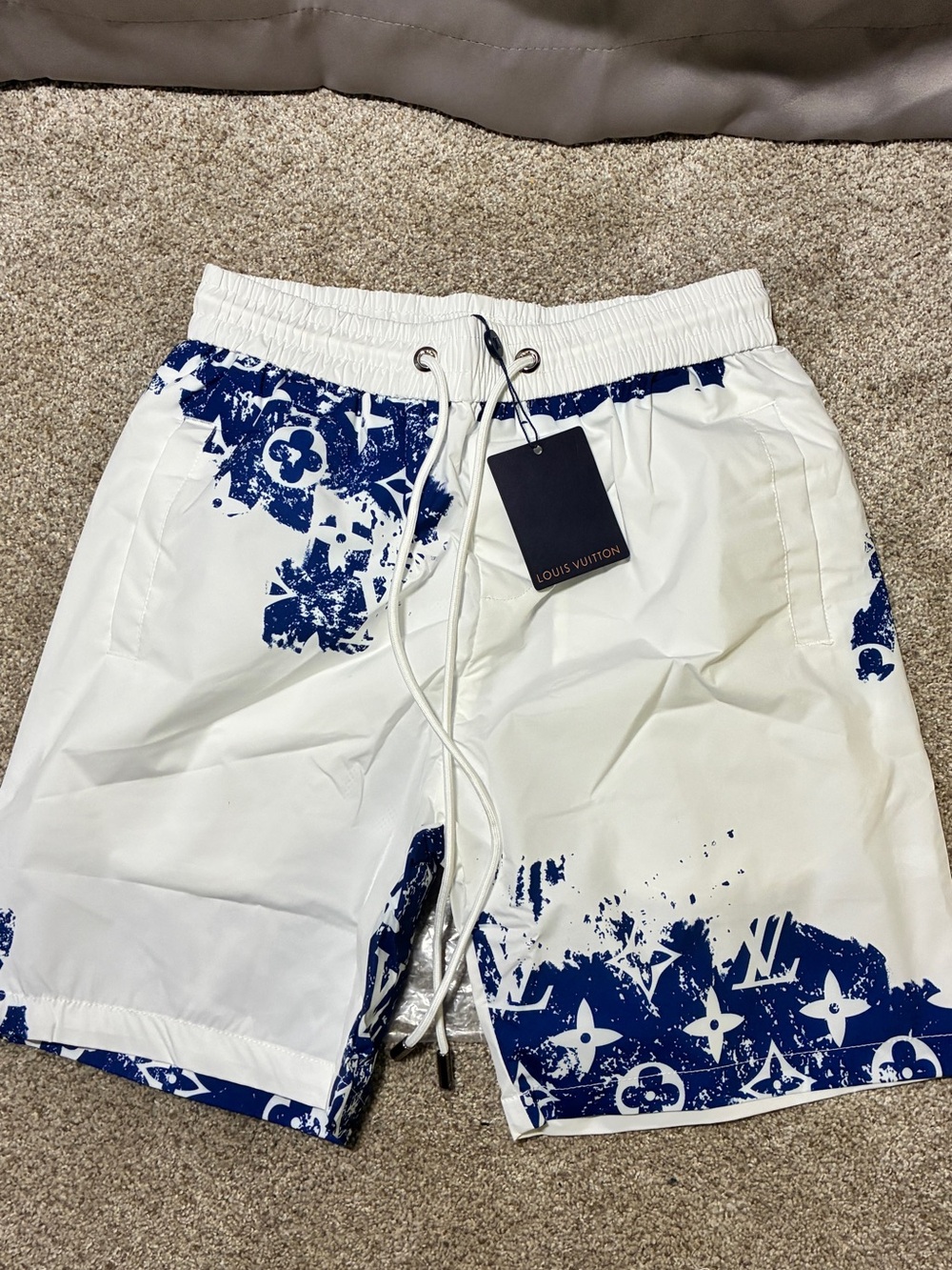 Lv White & Navy Monogram Splash Swim Shorts